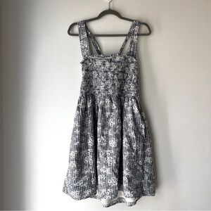 American Eagle Smocked Gingham Floral Sundress Blue White Cotton Linen Blend XL